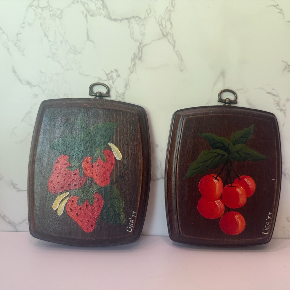 Vintage Mid-Century Wooden Fruit Wall Plaques Strawberries & Cherries